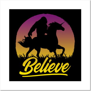 Bigfoot Riding Unicorn Vintage Sasquatch Posters and Art